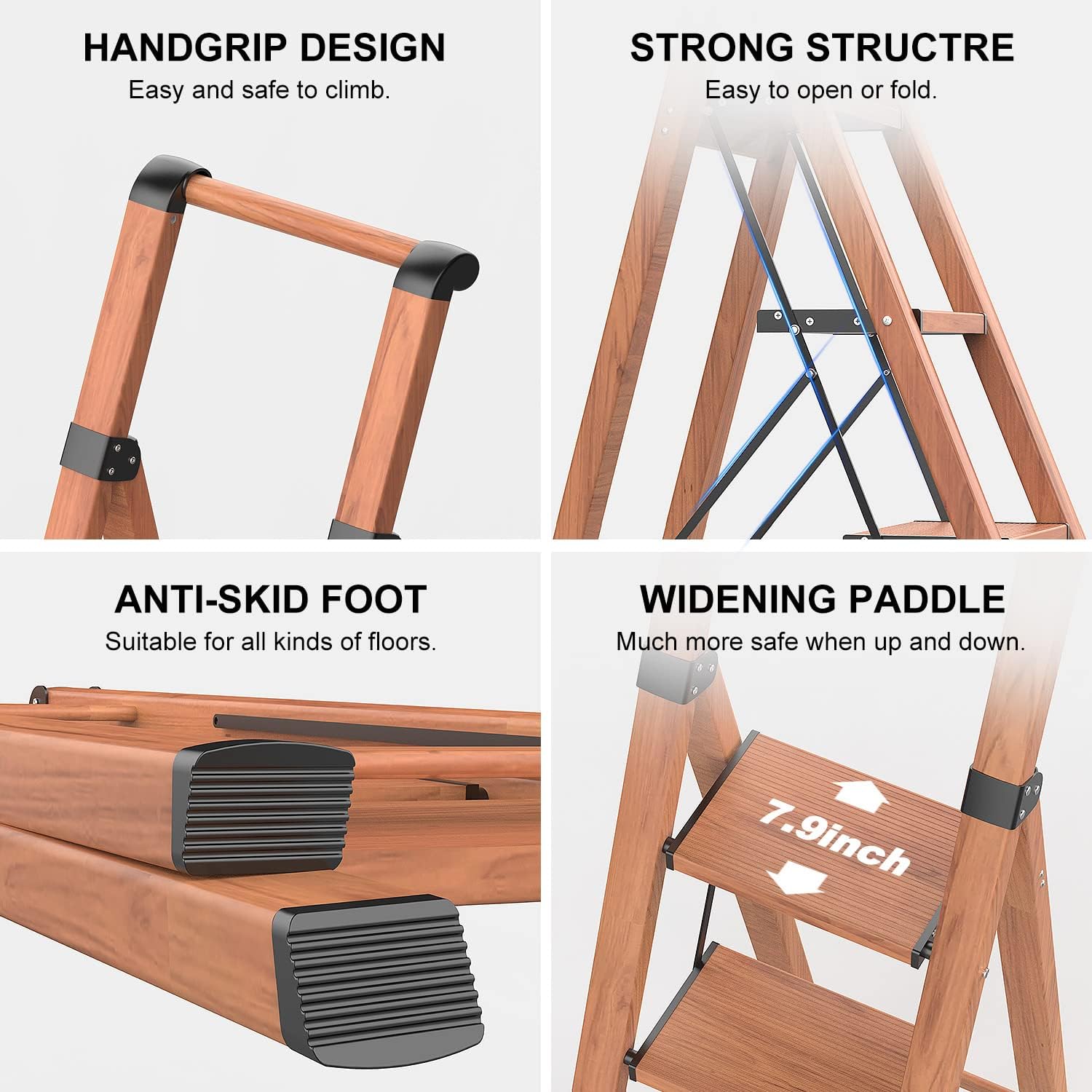 GameGem Folding Step Ladder, 4 Step Ladder with Anti-Slip and Wide Pedal, Lightweight Aluminum Step Stool with Handgrip, Space Saving Stepladder for Home and Kitchen, 300 lbs Capacity (Woodgrin